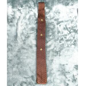 Vintage Brown Knit Tie Square Bottom Gold Fleur de Lis Charms 1950s 60s Mad Men
